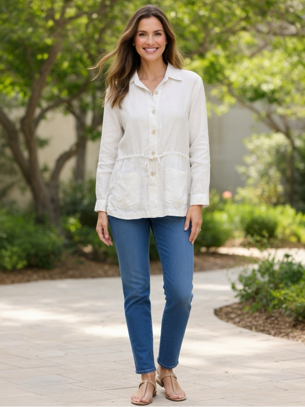 Jones New York Sport Off-White Linen Button-Up Top Coastal Western Medium Petite
